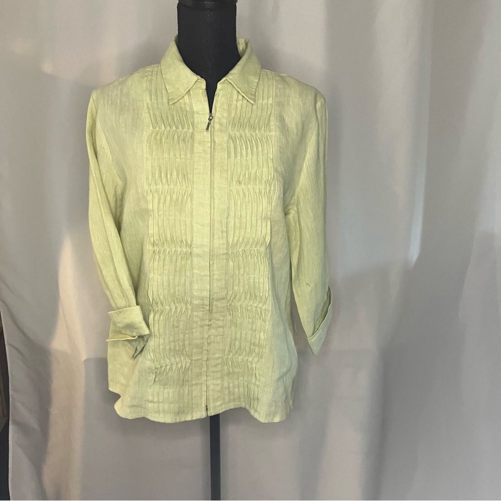 Women's COLDWATER CREEK green pl 100% linen with cuff shelves